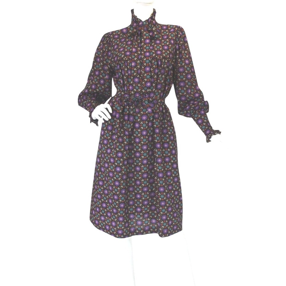 Yves Saint Laurent VTGE 70s Challis Print Long Sleeve Ruffle NeckTie shirt Dress